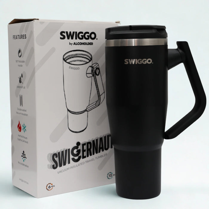 black Swiggo insulated travel tumbler with handle beside retail box, large vacuum insulated drink cup for hot or cold drinks Adventure Awaits