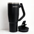 black Swiggo insulated travel tumbler with handle and matching flip lid, large reusable drink cup for hot or cold drinks Adventure Awaits