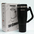 black Swiggo insulated travel tumbler with handle beside retail box, large vacuum insulated drink cup for hot or cold drinks Adventure Awaits