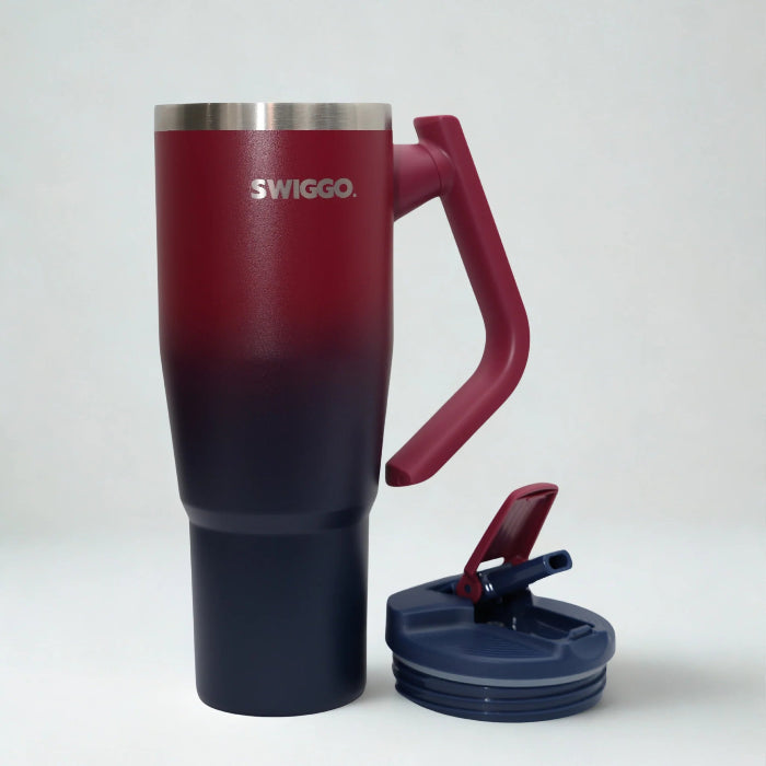 Swiggo insulated travel tumbler with handle in red to navy gradient, large capacity drink cup with flip lid shown beside for hot or cold drinks Adventure Awaits