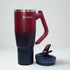 Swiggo insulated travel tumbler with handle in red to navy gradient, large capacity drink cup with flip lid shown beside for hot or cold drinks Adventure Awaits