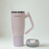 pink Swiggo insulated travel tumbler with handle and straw, lid shown beside, large reusable drink cup for hot or cold drinks Adventure Awaits