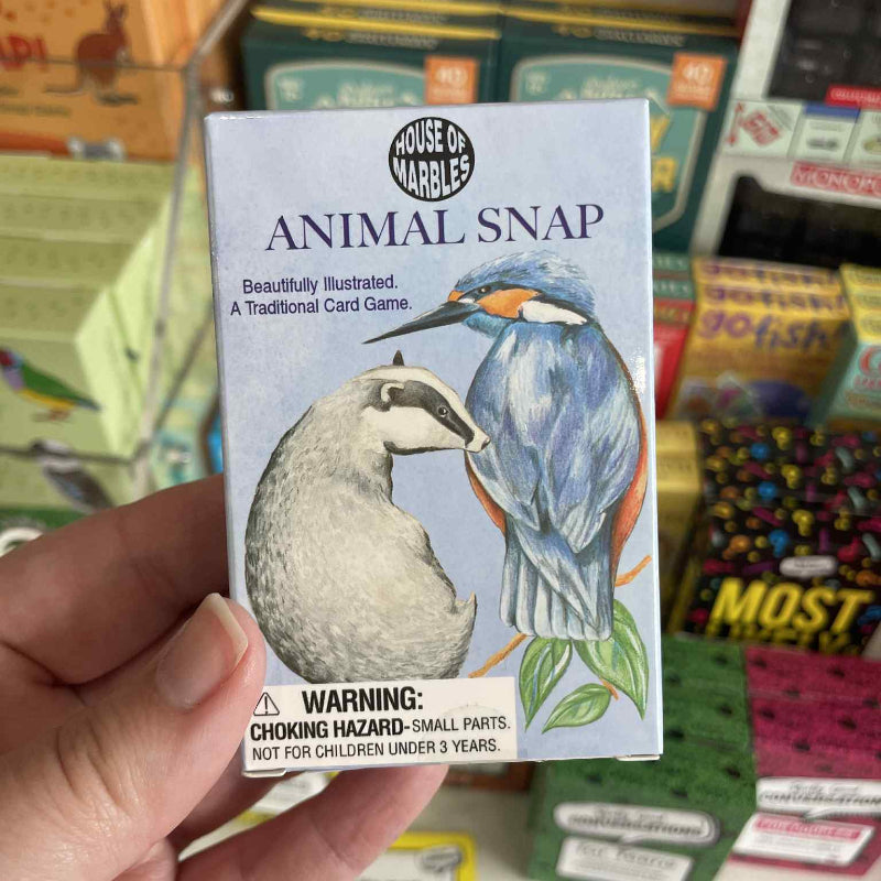 Hand holding a 'Animal Snap' card game box with bird illustrations on a store shelf background.