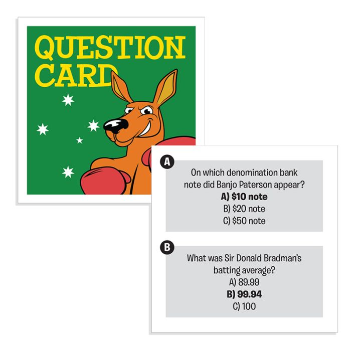 Aussie Trivia Challenge question cards with boxing kangaroo and Australia quiz answers — Adventure Awaits