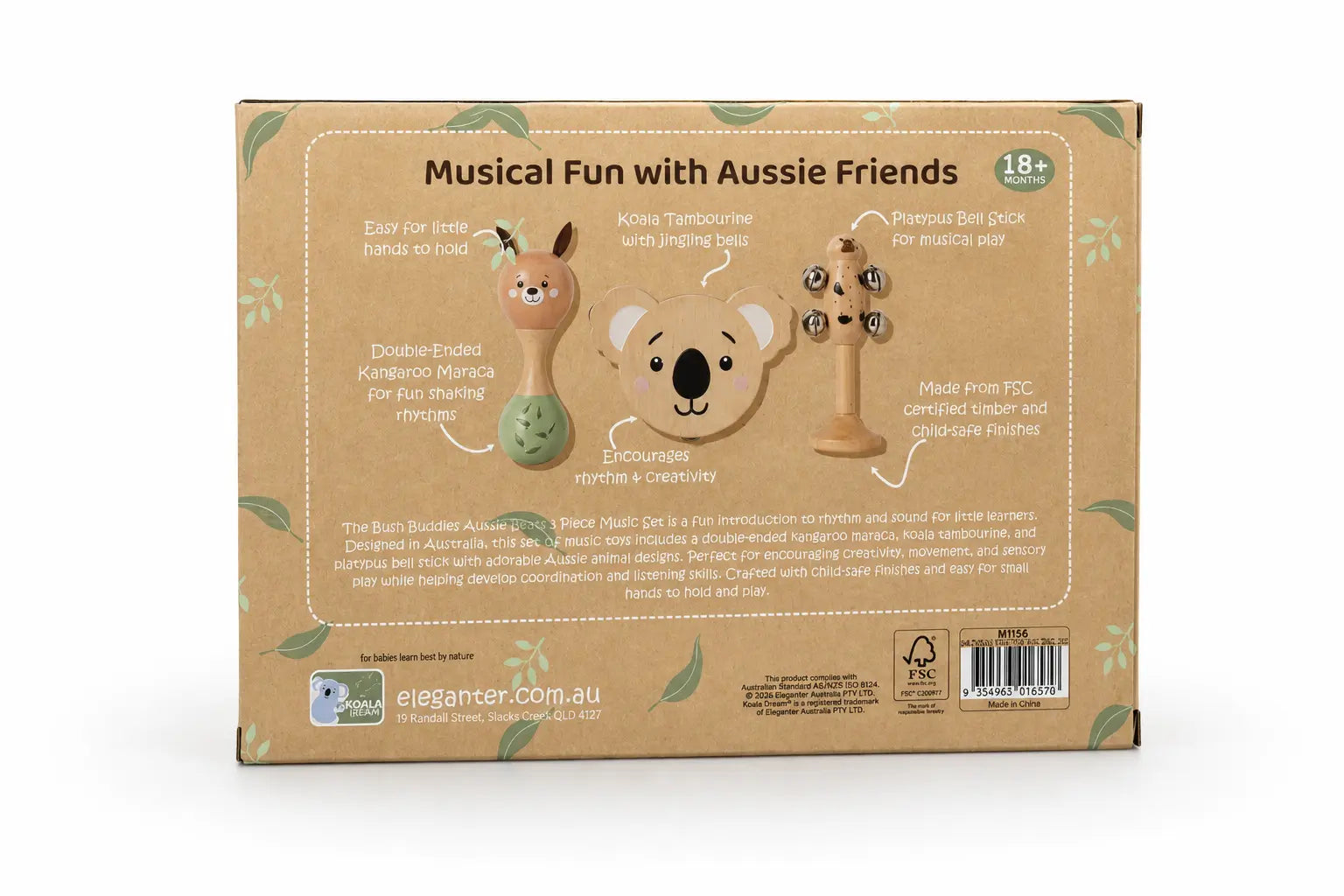 Back of Koala Dream Aussie Beats music set box showing kangaroo maraca, koala tambourine and platypus bell stick — Adventure Awaits