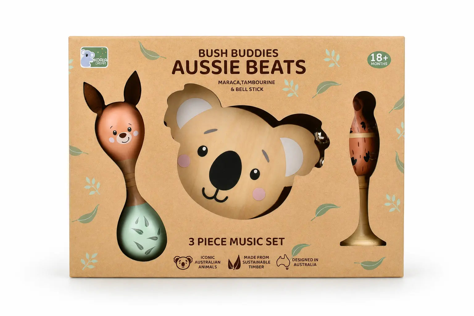 Koala Dream Bush Buddies Aussie Beats 3 piece wooden music set for ages 18 months plus in retail box — Adventure Awaits