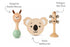Koala Dream Aussie Beats set showing kangaroo double maraca, koala tambourine and platypus bell stick — Adventure Awaits
