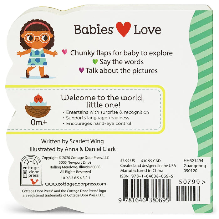 Babies Love board book back cover with chunky flap benefits, 0m+ age guide and publishing details, Adventure Awaits