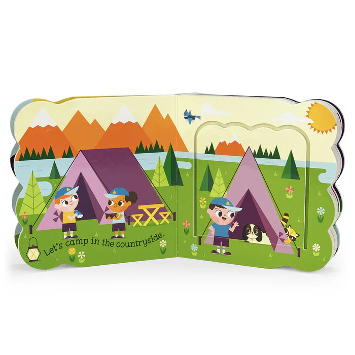 Children camping beside colourful tents in a countryside scene from Babies Love Camping, Adventure Awaits