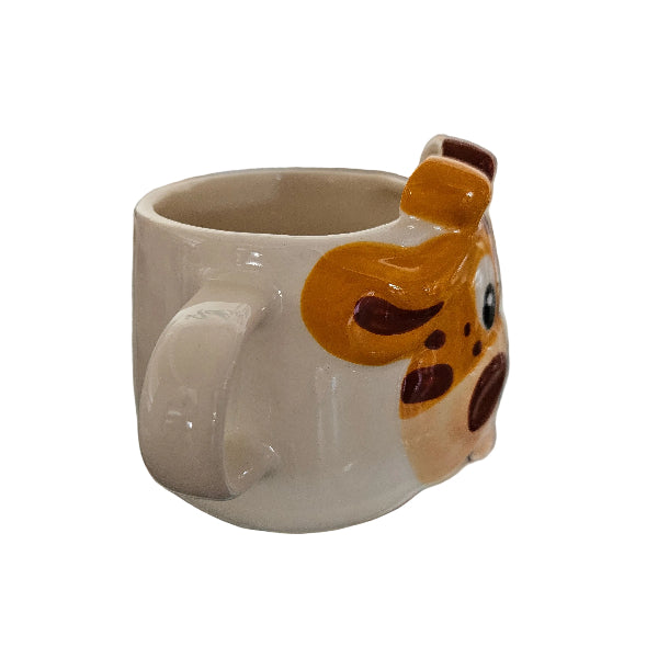 giraffe-shaped ceramic mug with a cartoon face on a blurred background