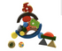 Colorful wooden toy with various shapes and animals on a white background