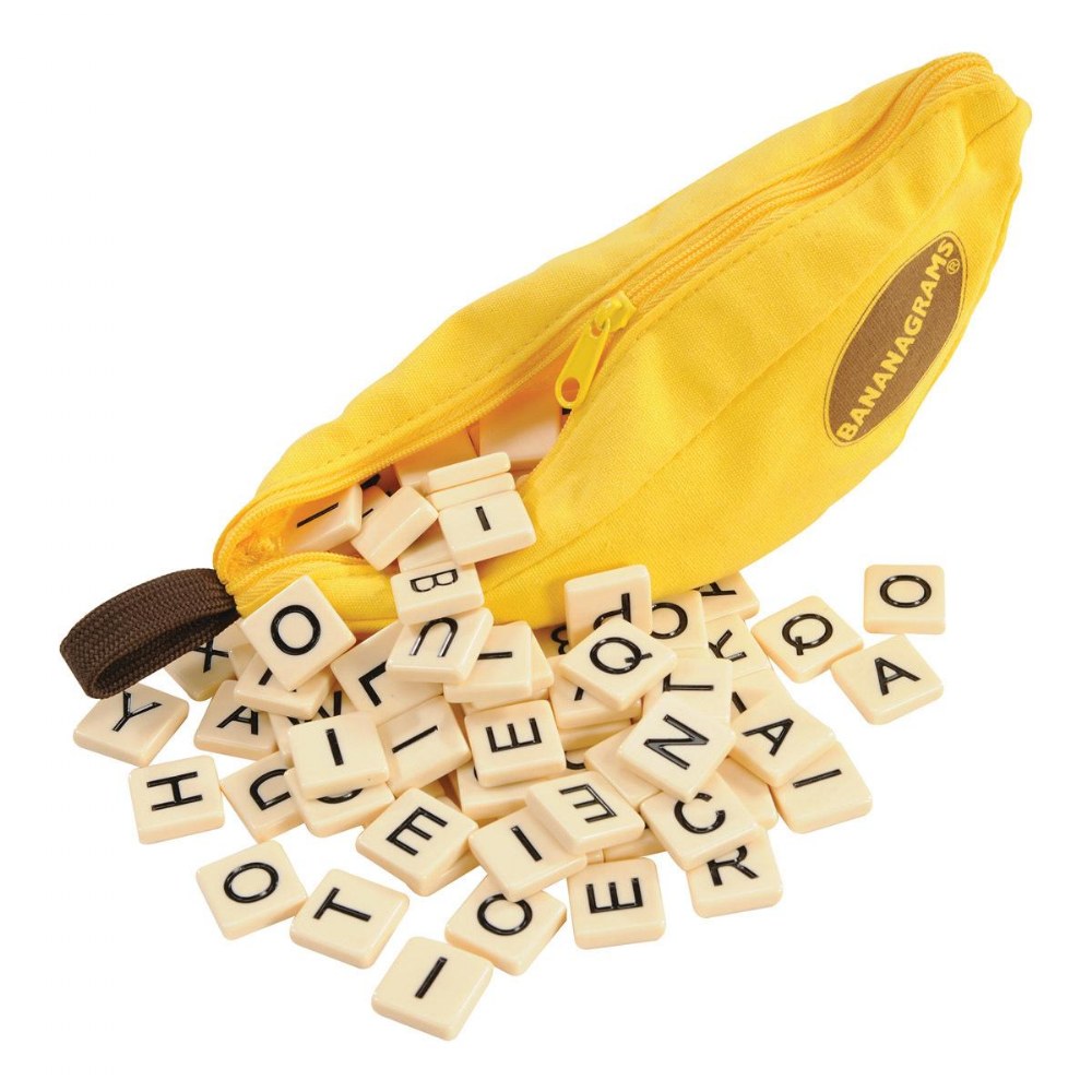 bananagrams game with letters spilling out of case