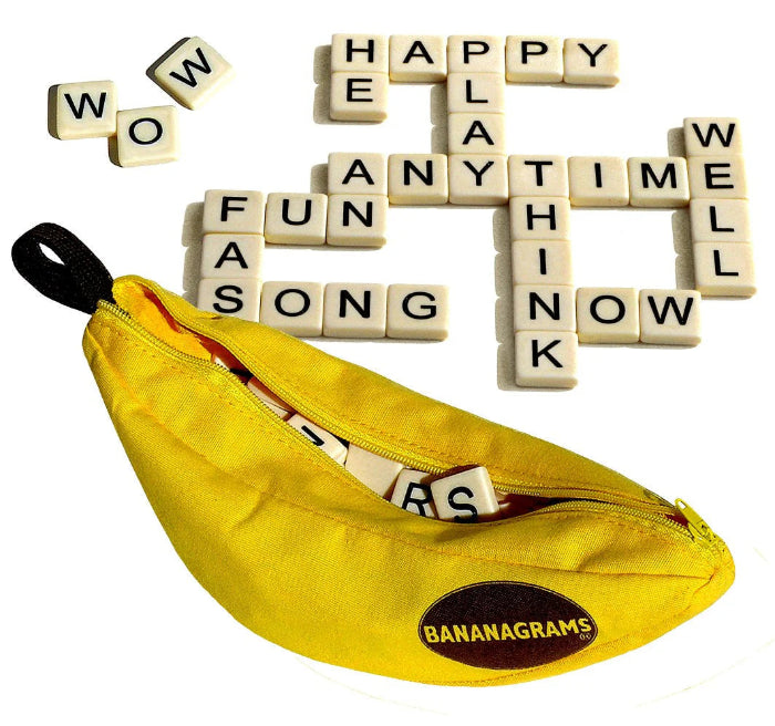 bananagrams letters in play and alongside opened case