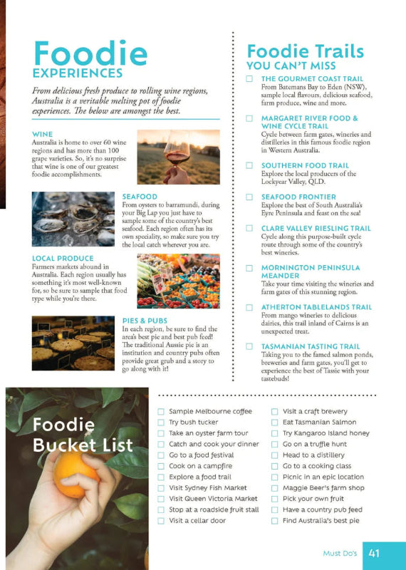 Foodie Experiences bucket list page in Hema travel guide with Aussie food trails Adventure Awaits