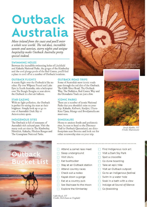 Outback Australia bucket list page in Hema travel guide with desert tips Adventure Awaits
