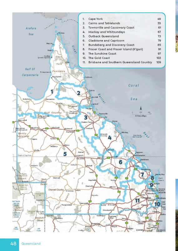 Queensland road trip map with numbered regions in Hema travel guide Adventure Awaits