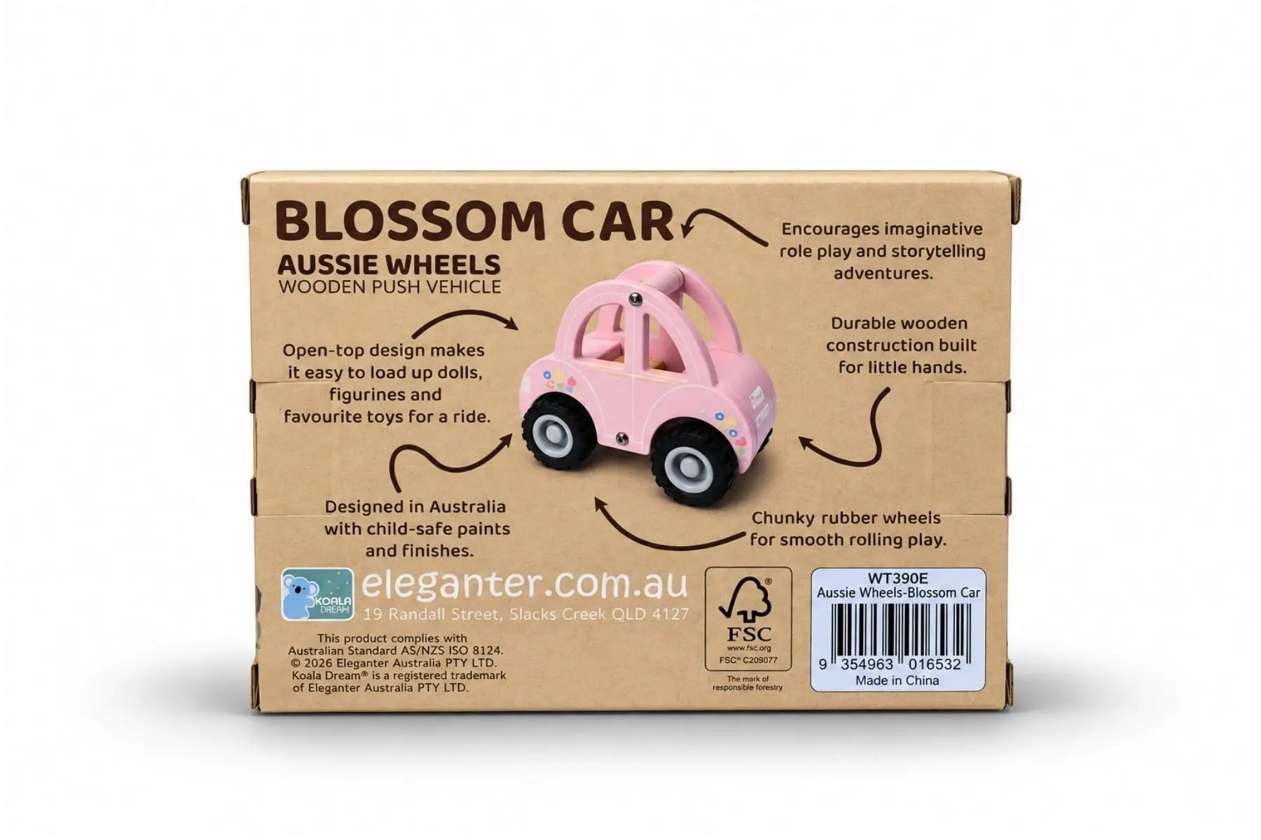 Back of Koala Dream Blossom Car box showing open-top design, wooden build and chunky rubber wheels — Adventure Awaits