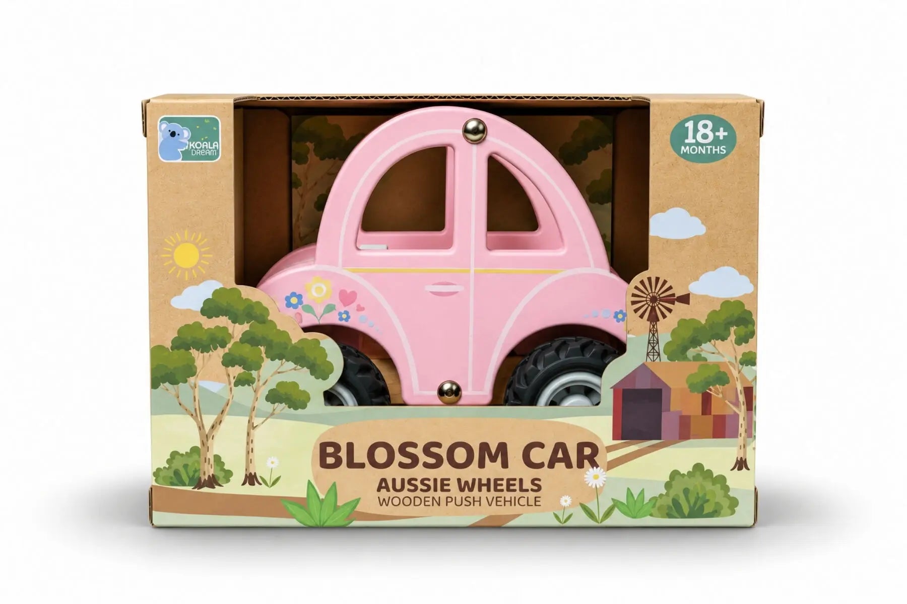 Koala Dream Aussie Wheels Blossom Car wooden push vehicle for ages 18 months plus in retail box — Adventure Awaits