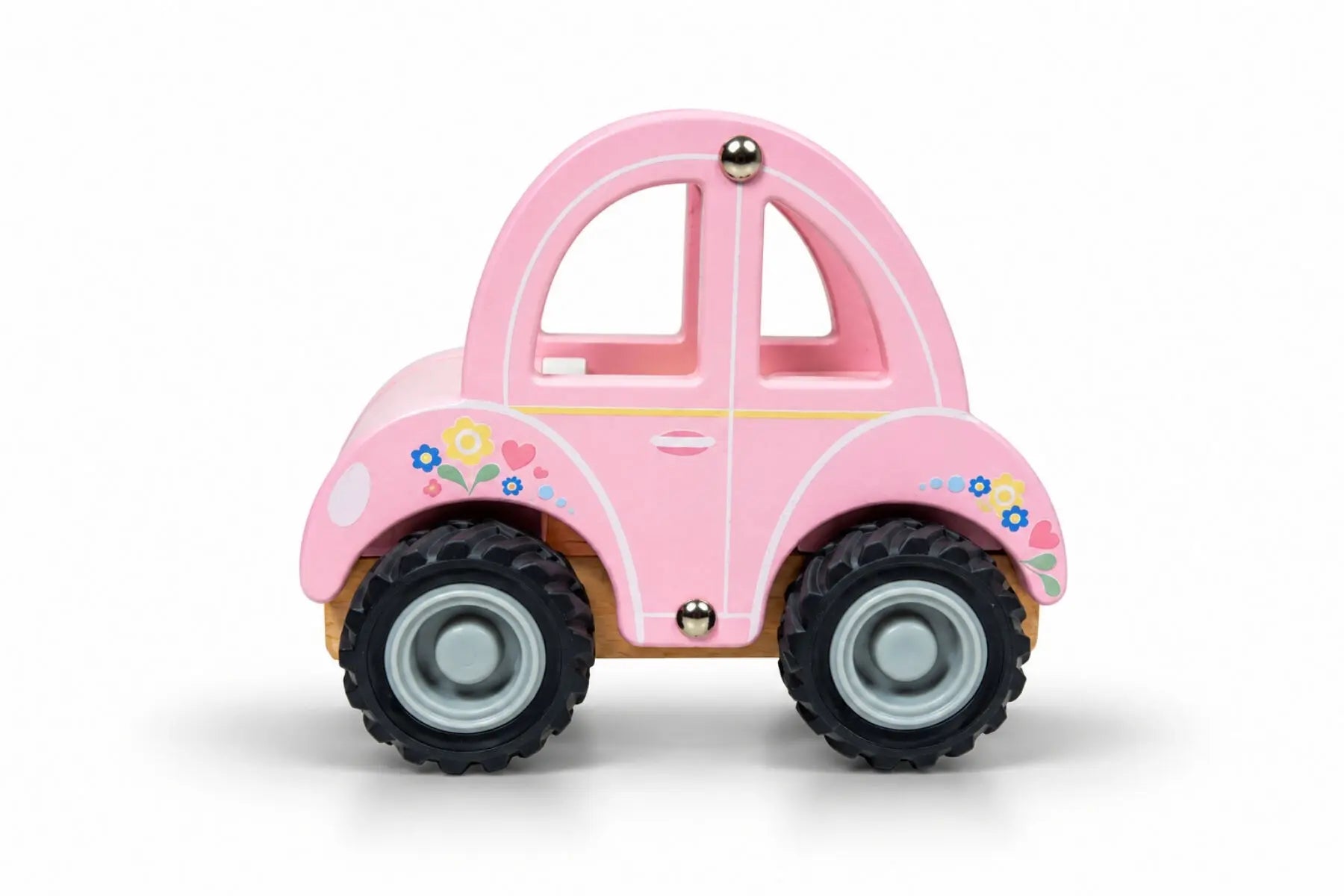 Side view of Koala Dream Blossom Car with pink floral body and chunky black rubber wheels — Adventure Awaits