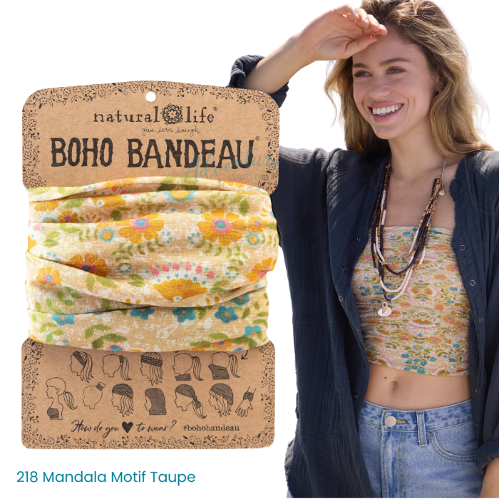 Woman wearing a floral boho bandeau with packaging labeled 'natural life' on a white background