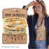 Woman wearing a floral boho bandeau with packaging labeled 'natural life' on a white background