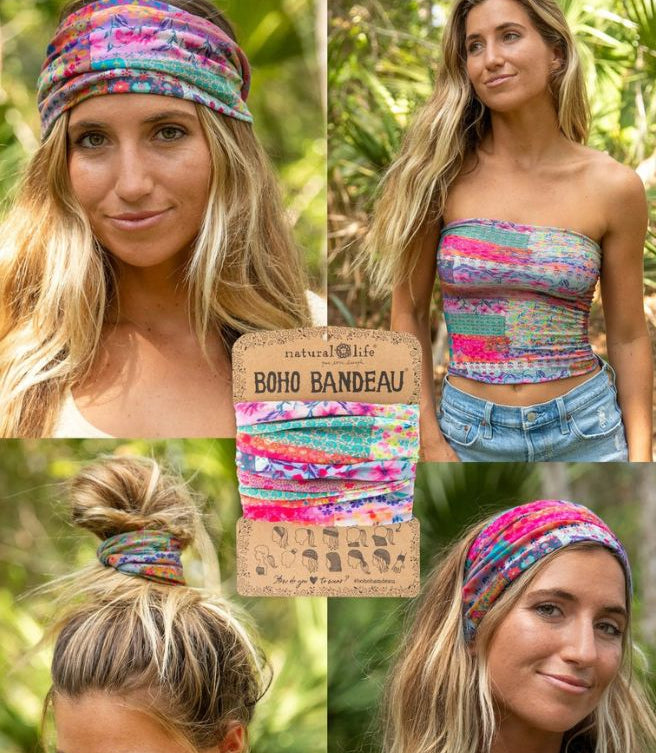 Woman wearing a colorful boho bandeau top with headband and hair accessories, surrounded by product packaging.