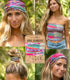 Woman wearing a colorful boho bandeau top with headband and hair accessories, surrounded by product packaging.