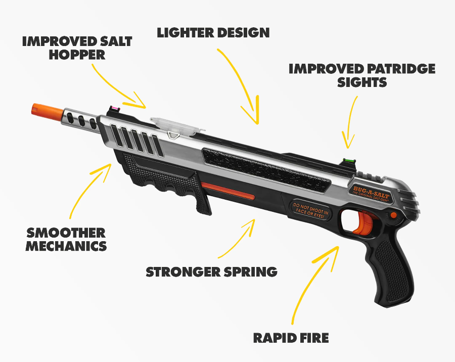 BUG-A-SALT 3.0 black salt gun fly swatter diagram with rapid fire and stronger spring — Adventure Awaits
