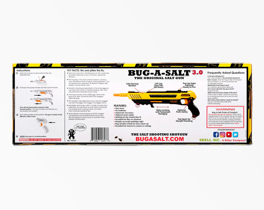 Back of BUG-A-SALT 3.0 salt gun fly swatter box with instructions and safety details — Adventure Awaits