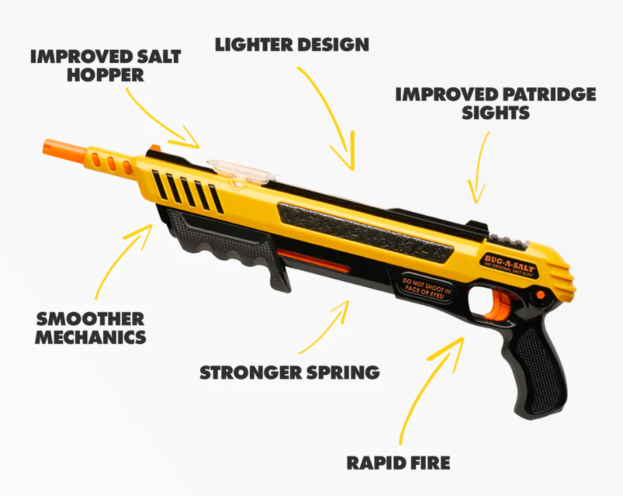 BUG-A-SALT 3.0 yellow salt gun fly swatter diagram with improved hopper and rapid fire — Adventure Awaits