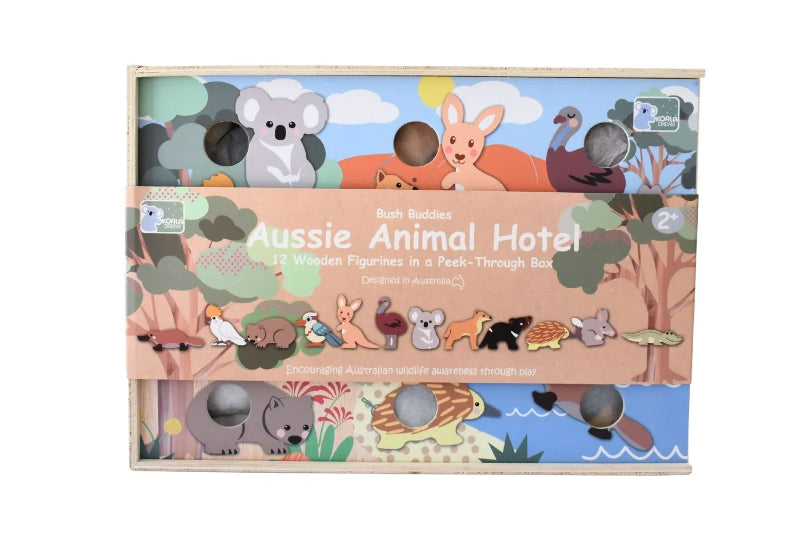 Koala Dream Aussie Animal Hotel wooden figurine set with 12 Australian animals in packaging — Adventure Awaits