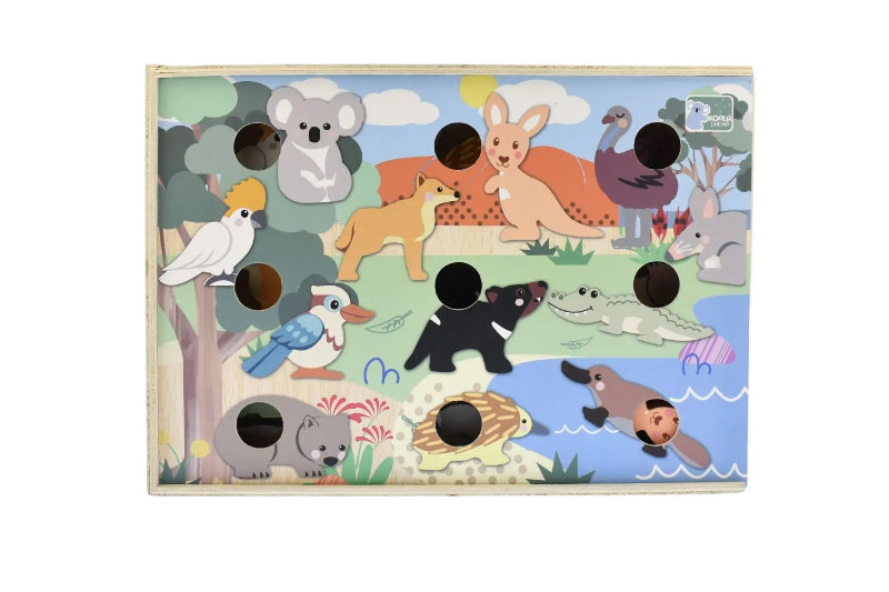 Koala Dream Aussie Animal Hotel wooden box with illustrated Australian animals — Adventure Awaits
