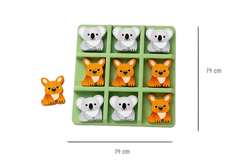 Koala Dream wooden tic tac toe game dimensions diagram showing 14 cm board — Adventure Awaits