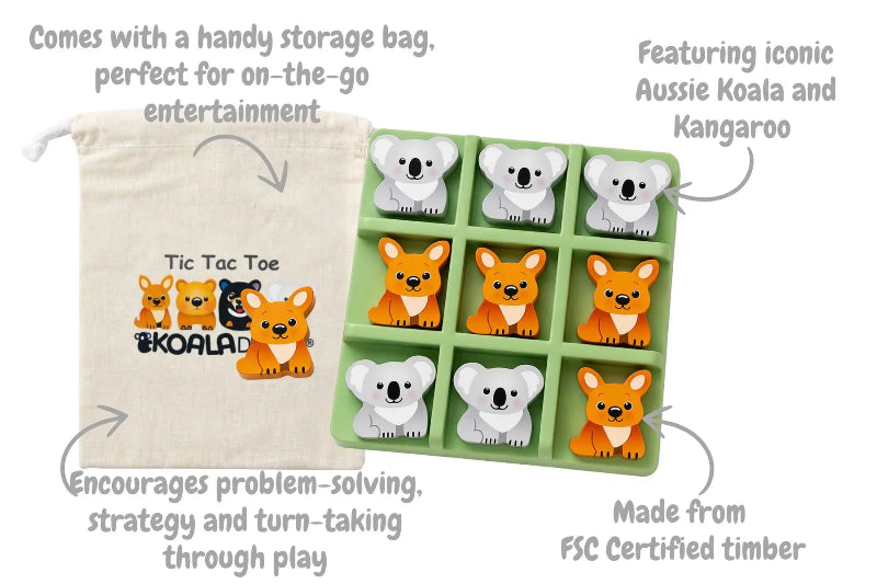 Koala Dream wooden tic tac toe game features graphic with storage bag — Adventure Awaits