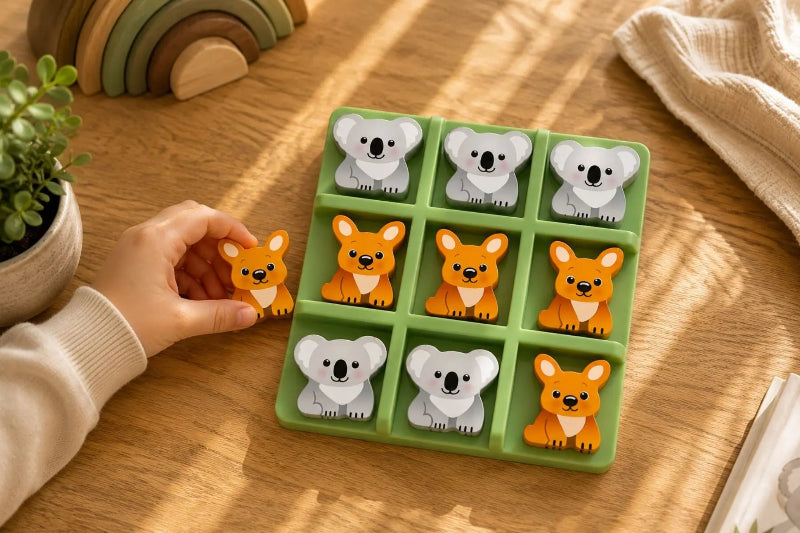 Child playing Koala Dream wooden tic tac toe game with koala and kangaroo pieces — Adventure Awaits