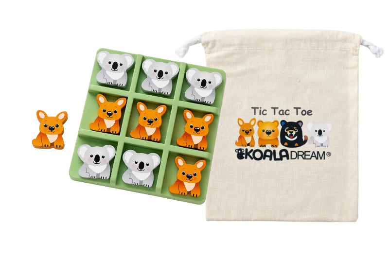 Koala Dream wooden tic tac toe game with koala and kangaroo pieces plus storage bag — Adventure Awaits