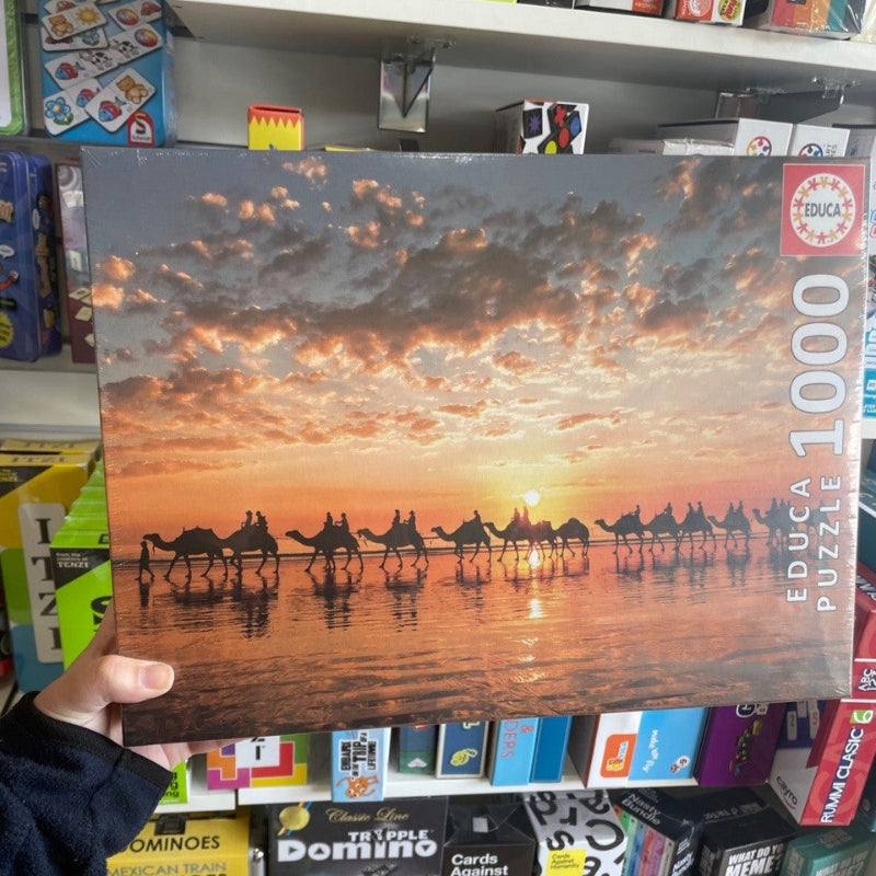 Hand holding a puzzle box with a sunset and camels design in a store setting.