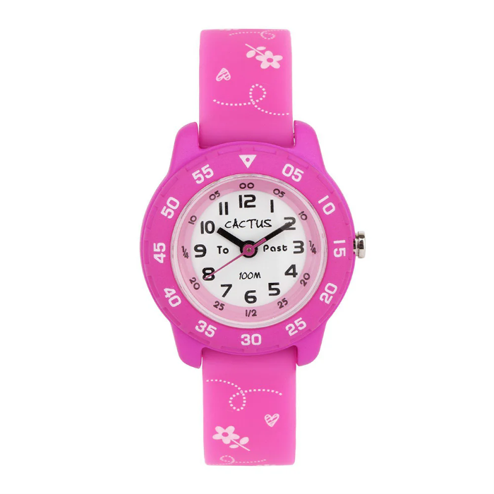 front of cactus junior watch in pink flowers on white background