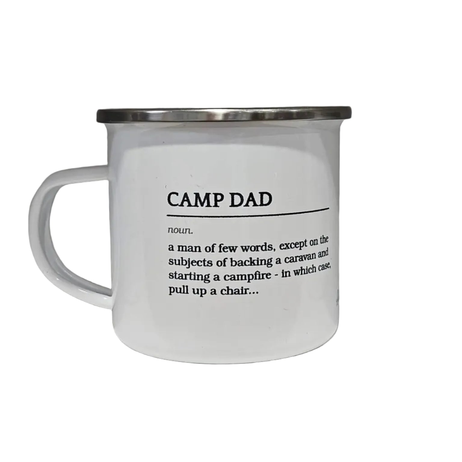 Mug with 'Camp Dad' definition on a shelf with decorative items.