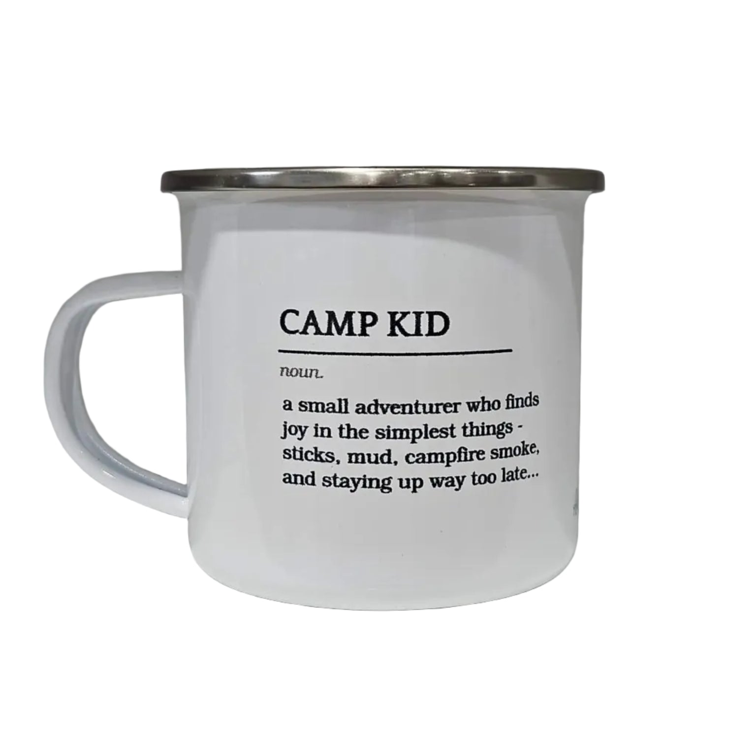 White mug with 'CAMP KID' definition text on a white shelf
