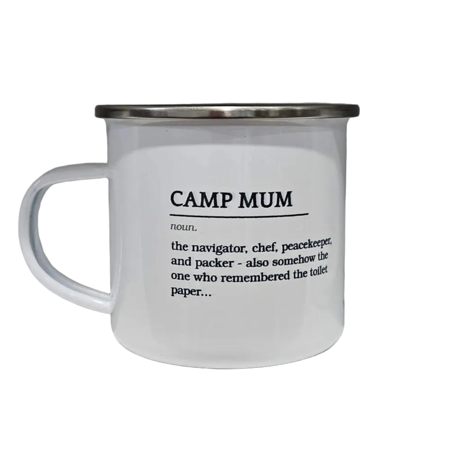 White mug with 'CAMP MUM' definition text on a shelf