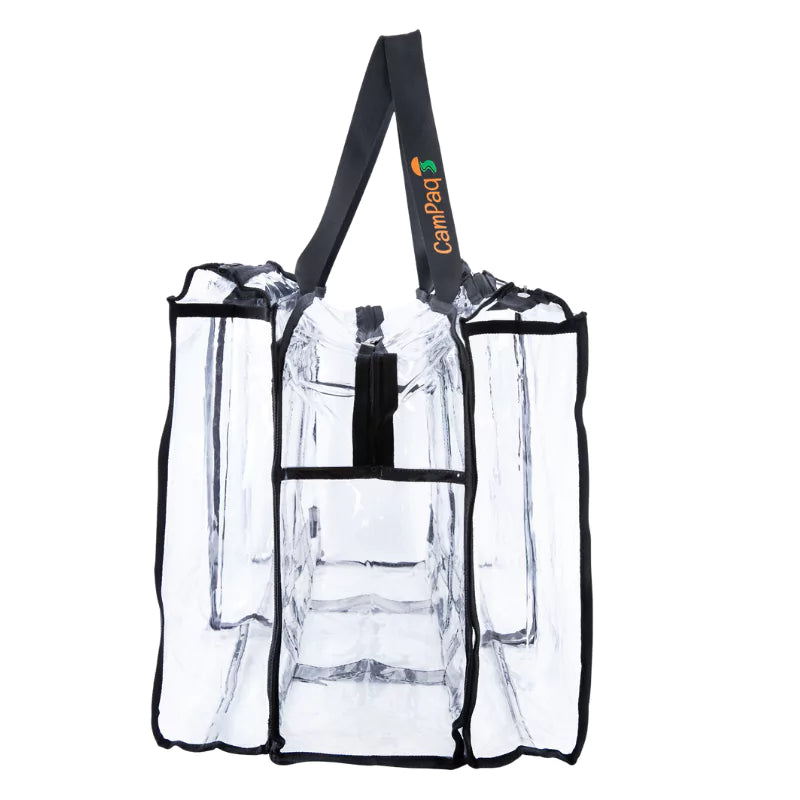 Campaq clear hanging storage organiser with black handles and multiple zipped pockets — Adventure Awaits
