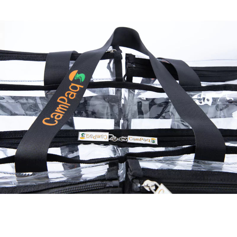 Close up of Campaq clear storage bag zips, black straps and branded handles — Adventure Awaits