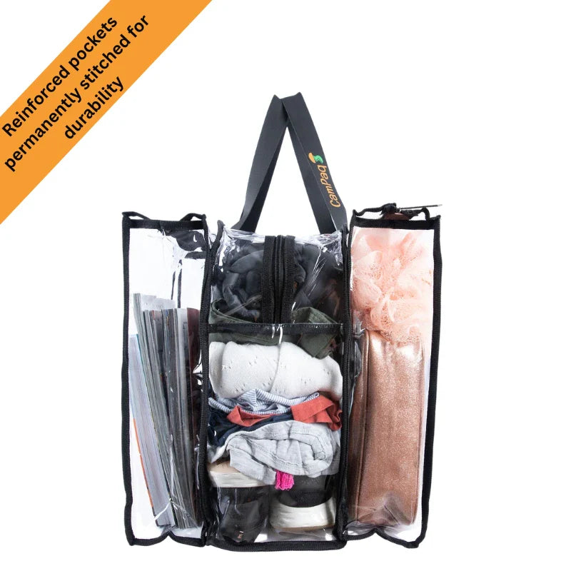 Campaq clear camping storage bag with reinforced pockets packed with clothes and travel gear — Adventure Awaits