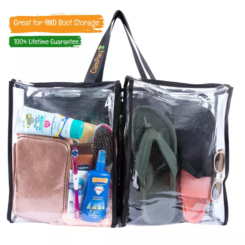 Campaq clear 4WD boot storage bag packed with toiletries, thongs and camp gear — Adventure Awaits