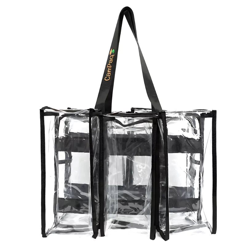 Campaq clear black storage bag with twin handles and zipped compartments for camping gear — Adventure Awaits