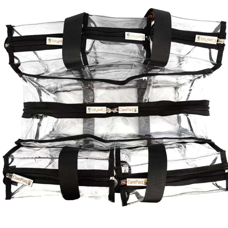 Campaq clear black storage bag folded flat with branded zips and sturdy carry handles — Adventure Awaits