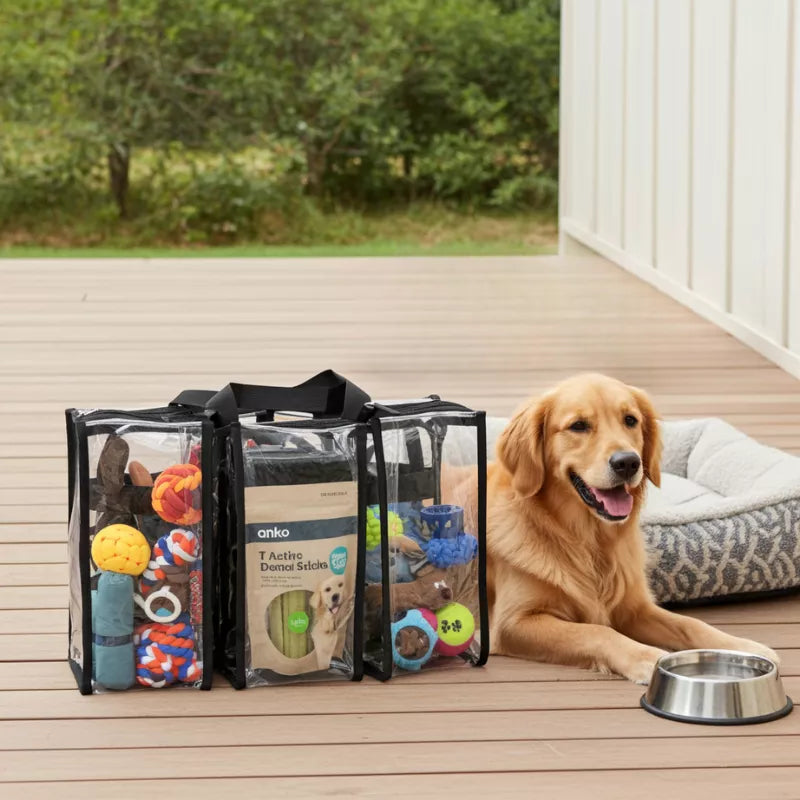 Golden retriever beside Campaq clear pet gear storage bag with toys and bowl on a deck — Adventure Awaits