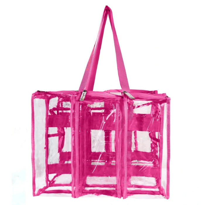 Bright pink clear zippered storage bag with reinforced panels and long carry handles - Adventure Awaits