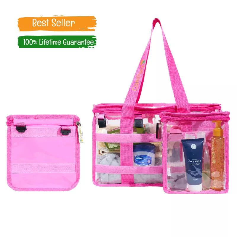 Pink Campaq clear toiletry storage bag with one detachable pocket and travel bottles — Adventure Awaits